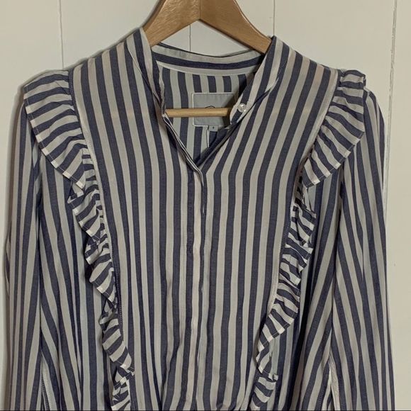 Tie Waist Striped Shirt Top Rails Button Front Size Small Blue and White - Picture 2 of 10